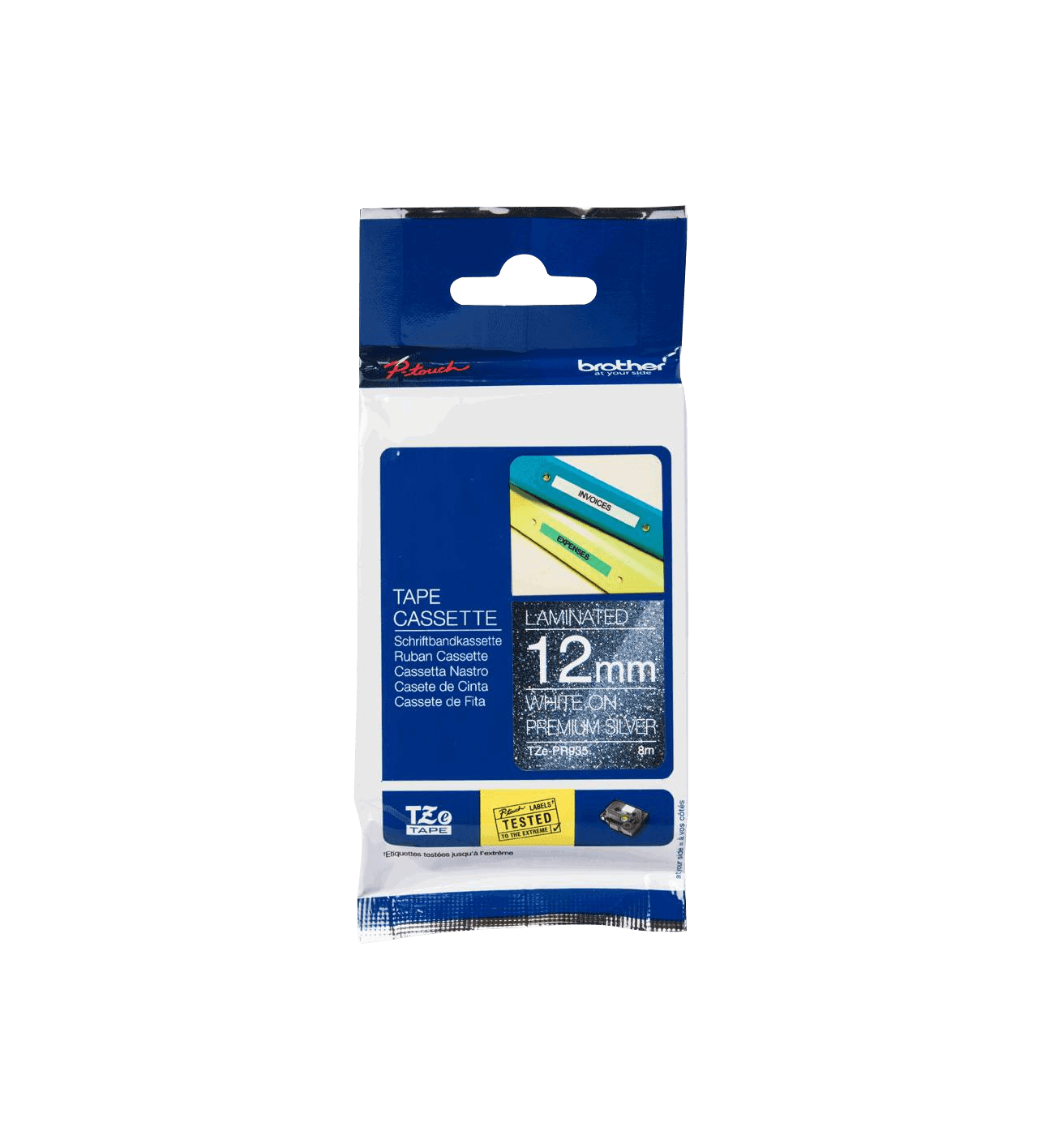 TZE-PR935 BROTHER Cinta laminada de 12mm con impresión dorada brillante sobre base plateada, bobina de 8 metros para rotuladores PT-H110 y E300