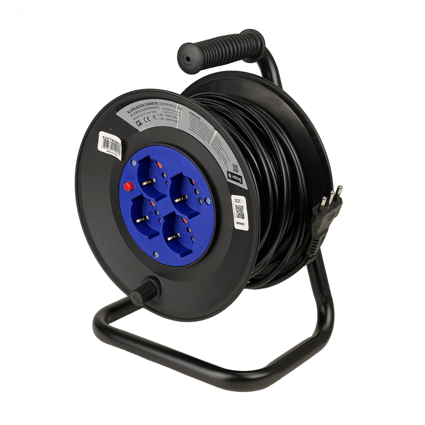 ALARG-425 RITTIG 25mts Extensión con Carrete 4-Tomas Universales-H 1-16A-IM 250V Resguardo