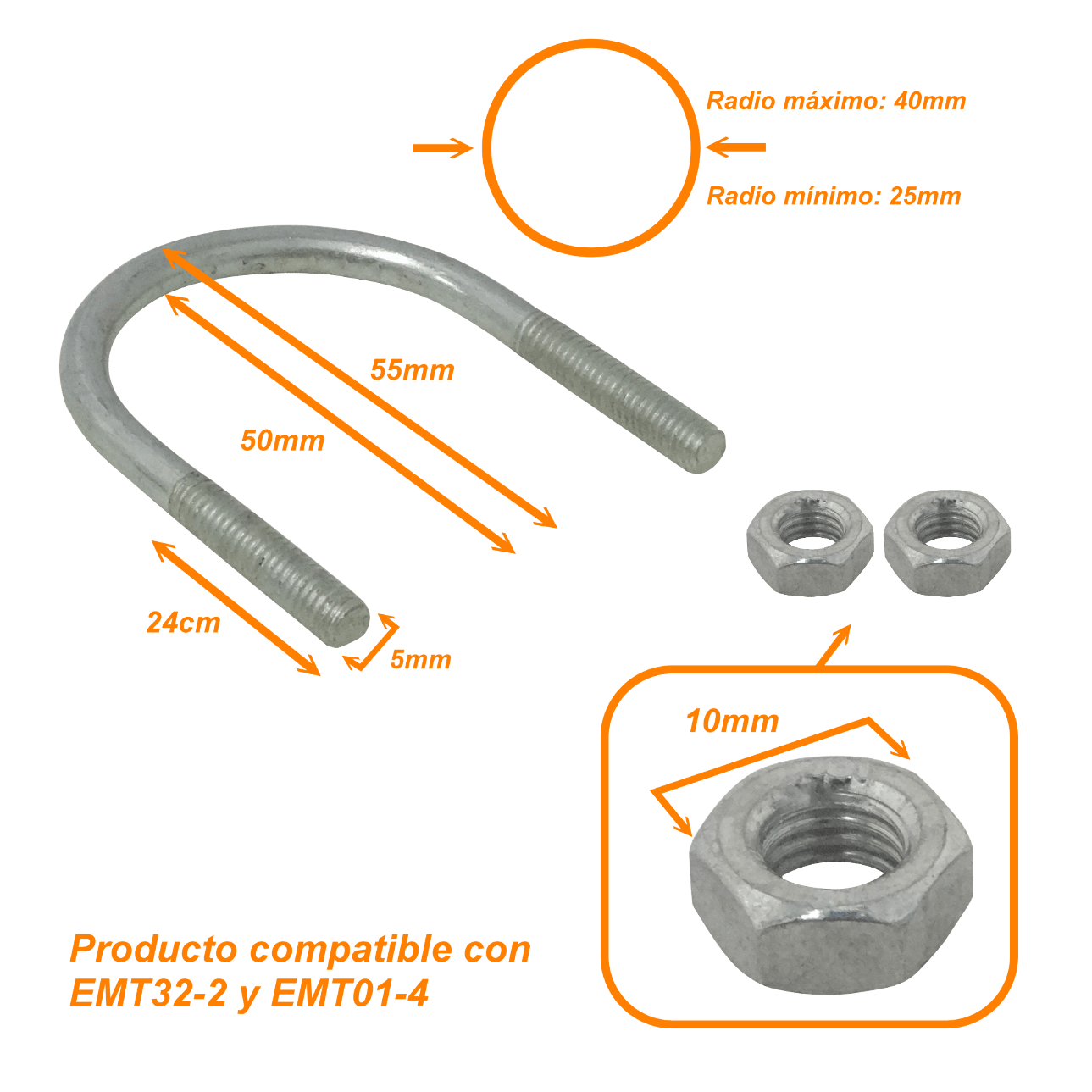 UDN-03 Sujetador 25-40mm Diametro Poste Tubo c/2-tuercas-10mm req/pletina