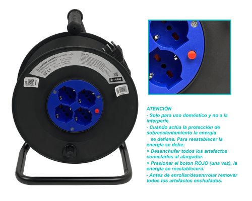 ALARG-440 RITTIG Alargador de carrete de 40 metros con 4 tomas multinorma con protección, 1 interruptor magnetotérmico de 16A y 250V