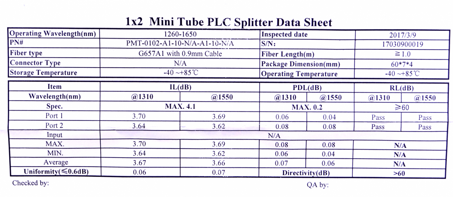 SPLITTER-02 1x2 sin-Conectores Divisor requiere-Fusion G657A1 EPON GPON XPON XGPON