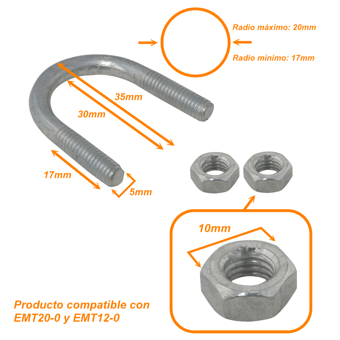 UDN-01 Sujetador para Poste o Tubo Diámetro 17-20mm con 2 Tuercas de 10mm Requiere Pletina