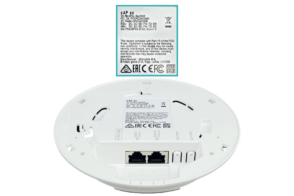 CAP-AC Punto de Acceso MIKROTIK 2x2 2dBi, 2.4GHz N300, 5GHz AC867, Licencia 4, incluye fuente 24V, 2 puertos 1000Mbps con PoE Pass, 26dBm