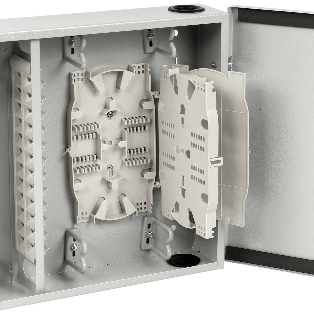 CFM48CL Caja de Distribución Mural para Fibra Óptica con Cerradura, 24 Acopladores SC/LC y Bandejas para 24 Manguitos