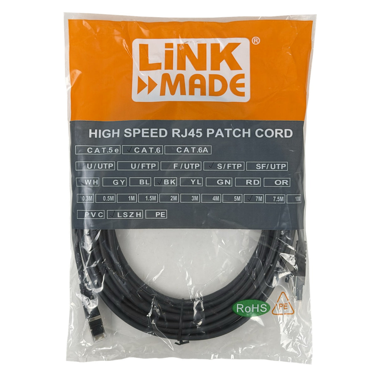 CP6SN-70L LINKMADE S/FTP CAT6 7 metros Negro LSZH Cable de Conexión Moldeado Multihilo