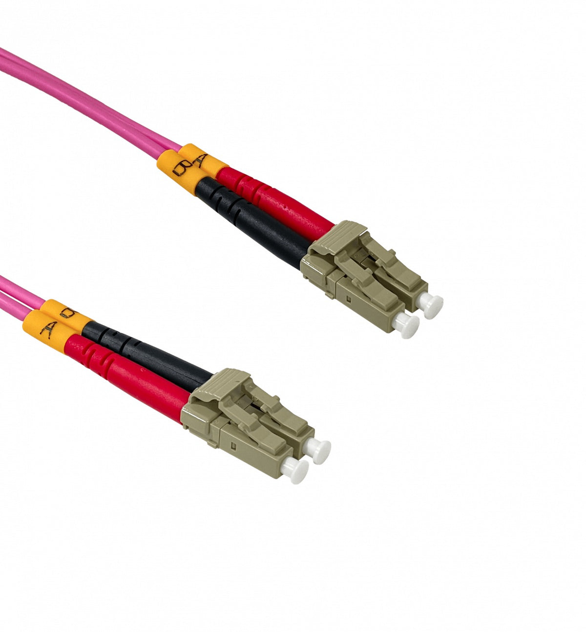 JF4LL100. Cable de interconexión de fibra óptica multimodo dúplex LC a LC de 100 metros, cubierta LSZH, núcleo de 50/125 µm y diámetro de 3 mm