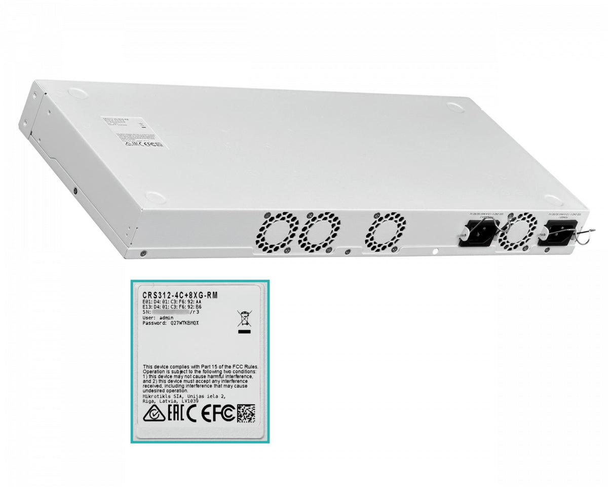 CRS312-4C+8XG-RM Switch MIKROTIK que requiere 2 cables C13 con 8 puertos de 10G, 4 puertos combo SFP+ de 10G y 1 puerto de consola con sistema operativo de licencia nivel 5
