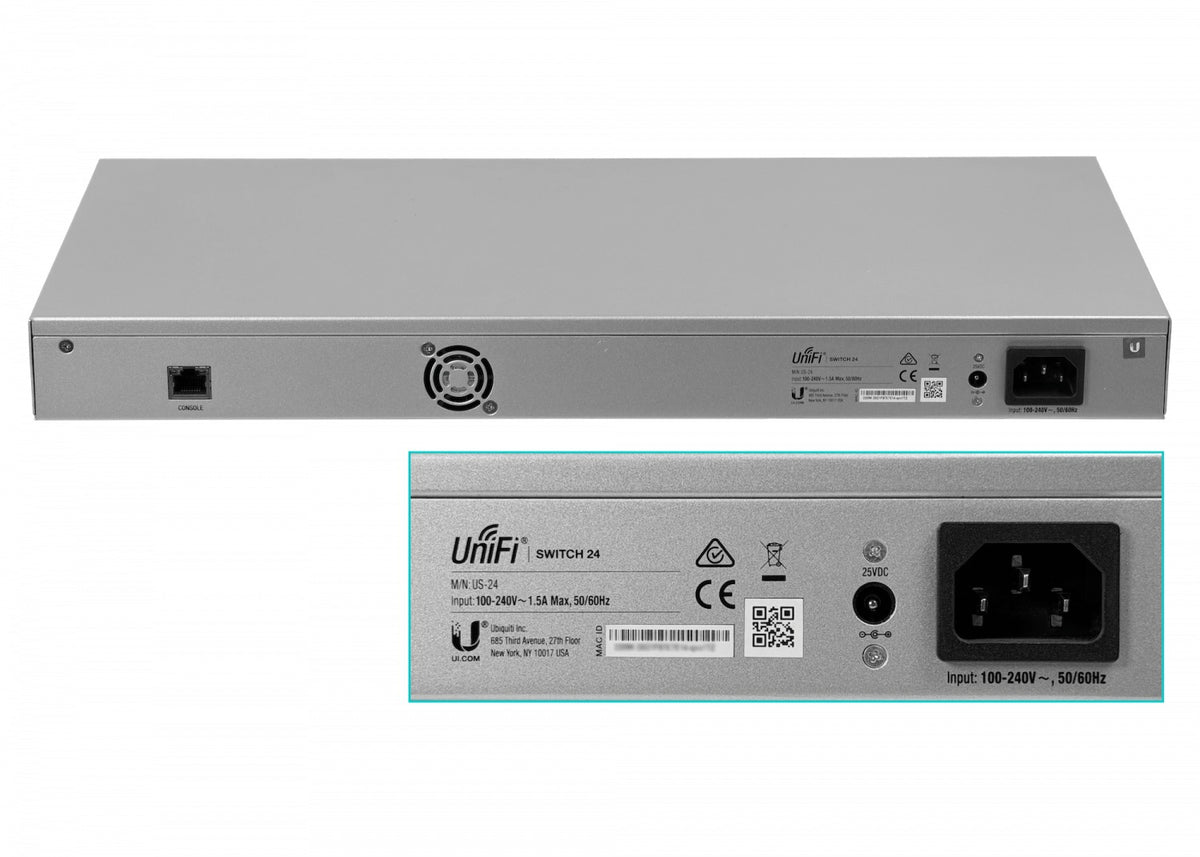 US24. Conmutador UBIQUITI administrable de 24 puertos 1000Base-T, 2 puertos SFP, puerto de consola RS232 a RJ45, requiere UniFi, formato rack, referencia US-24-EU.