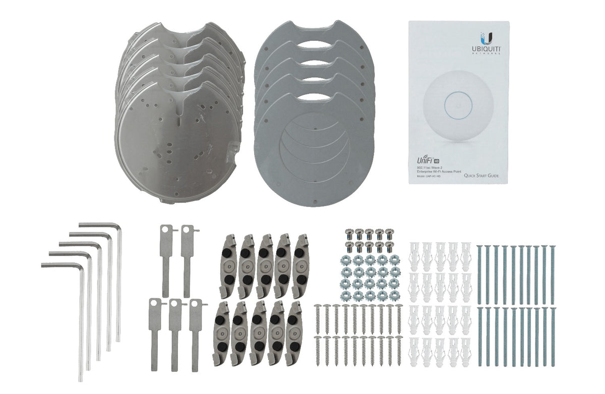 UAP-AC-HD-5. UI 5 unidades 4x4 1733 Mbps en 5 GHz, 800 en 2,4 GHz, 4/3 dBi, requiere PoE 48 V/17 W, 2 puertos 1000 UBIQUITI