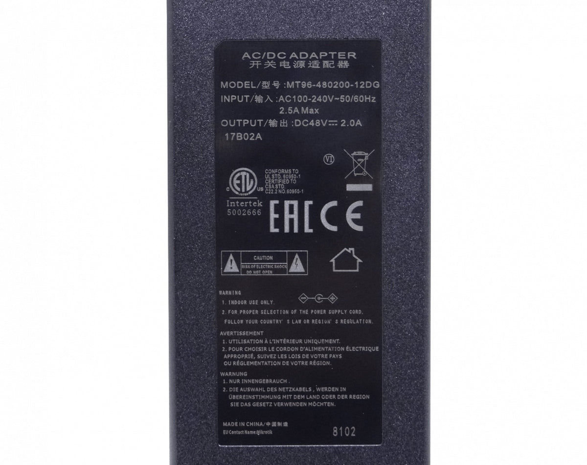 F48-W96 MIKROTIK Adaptador de alimentación de 48 VCC y 96 W (2,0 A), conector tipo plug de 5,5 x 2,1 mm, modelo 48V2A96W, necesita cable de conexión eléctrica.