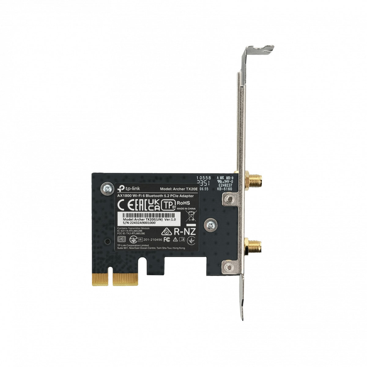 TX20E TP-LINK Adaptador WiFi AX1800 Bluetooth 5.2 Doble Banda 2.4GHz 5GHz Velocidad 574+1201Mbps Interfaz PCIe x1 2 Antenas RPSMA