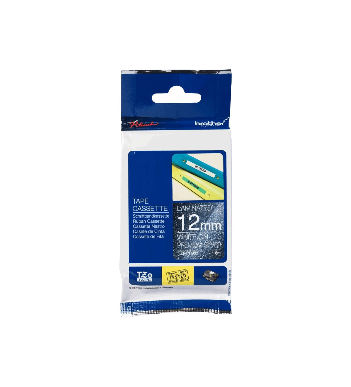 TZE-PR935 BROTHER Cinta laminada de 12mm con impresión dorada brillante sobre base plateada, bobina de 8 metros para rotuladores PT-H110 y E300