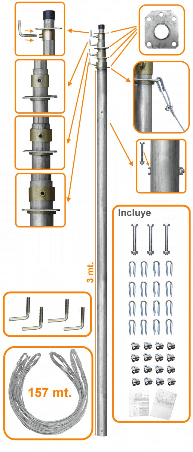 MAST-40 LINKMADE 40pies 12mt Mastil Telescopico con Vientos 4-Tubos-3mt