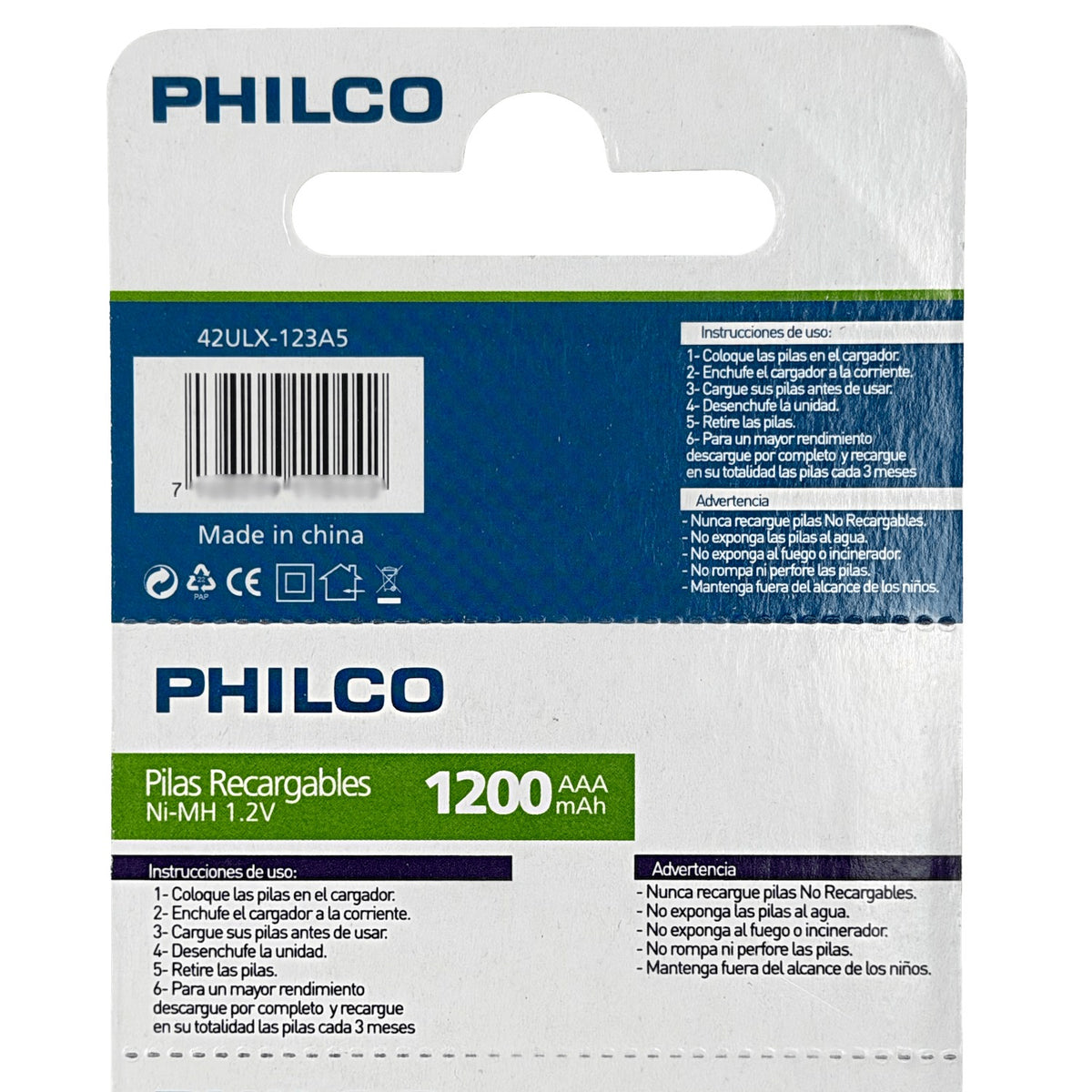 AAA-1200 PHILCO AAA 5-Pila Recargable 1200mAh 1,2V Ni-MH Precargada 42ULX-123A5