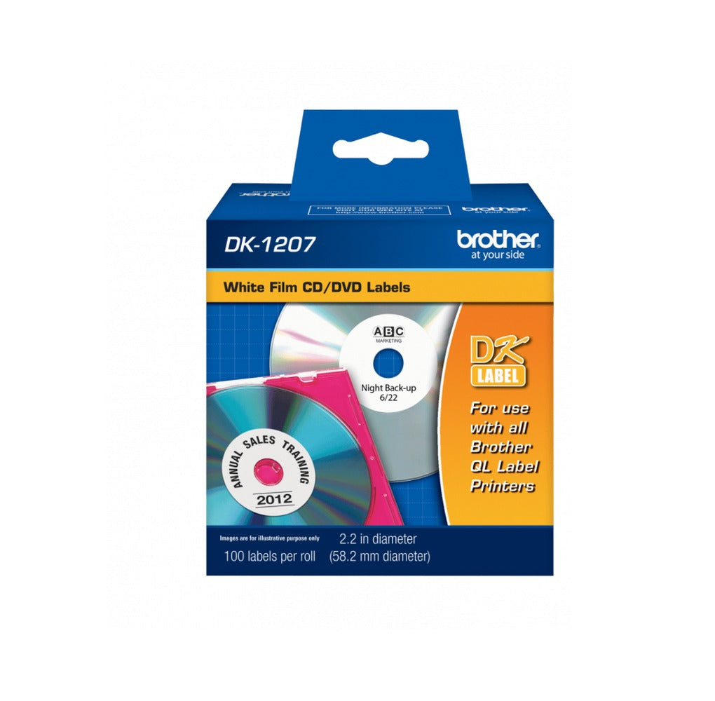 DK1207 Brother 58mm-Diámetro 100-Etiqueta/CD-DVD Plastificado Blanco para QL-700
