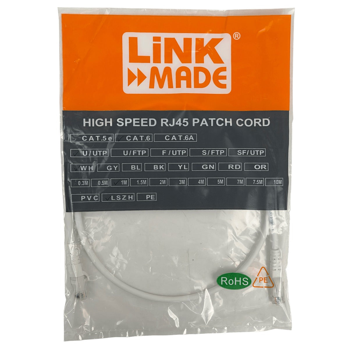 CP6W-10L LINKMADE Cable de Parcheo Cat6 U/UTP Blanco LSZH 1 Metro Multifilar Inyectado