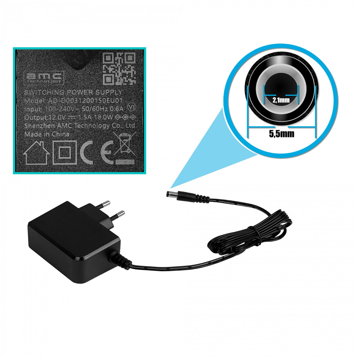 PST-1512 Transformador fuente de poder de 18W, salida 12VDC 1,5A, conector plug 5,5x2,1mm