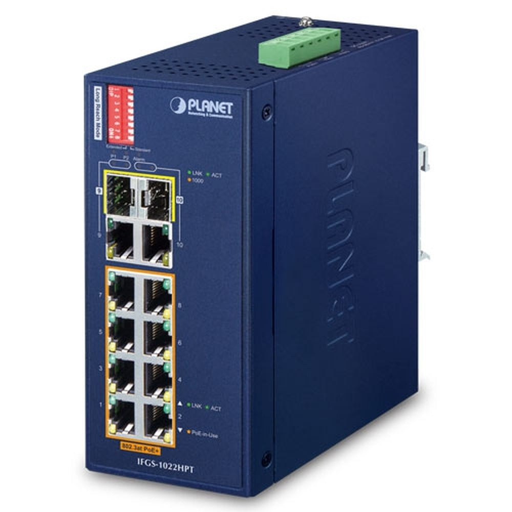 Switch Ethernet Combinado Industrial de 8 Puertos 10/100TX 802.3at PoE + Gigabit TP/ SFP de 2 Puertos (-40~75 Grados C)