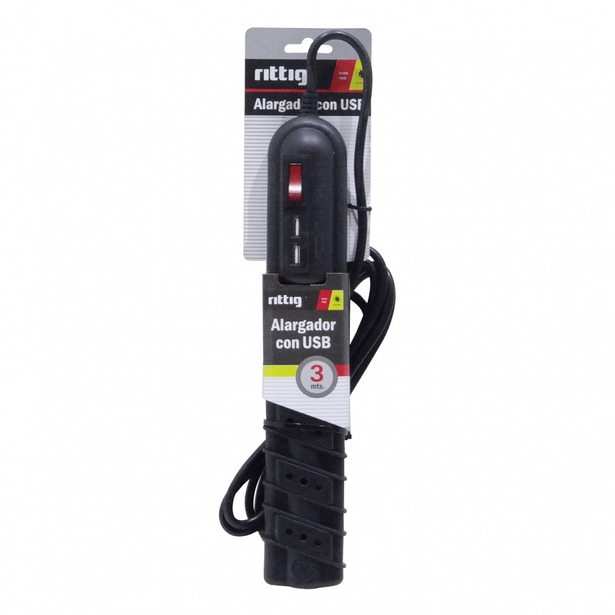 ELG-35NU RITTIG Negro 5-Tomas 2-USB5V Extensión 3metros 10A-250V 2200W Luz Piloto-Interruptor