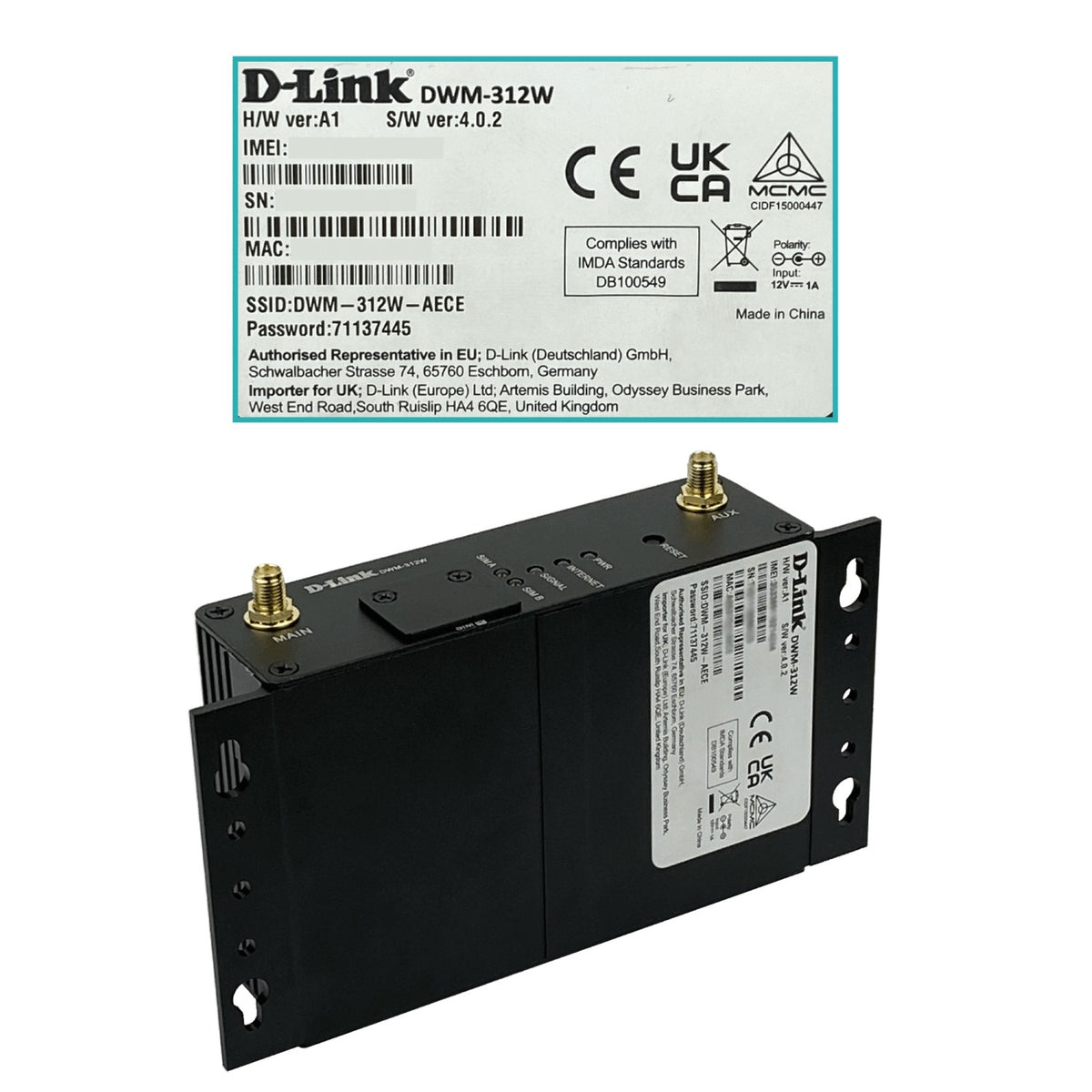 DWM-312W D-LINK router 4G/LTE con doble ranura SIM, un puerto WAN/LAN, un puerto LAN, Wi-Fi 2,4GHz, funcionalidades M2M y SNMP, compatible con redes GSM, incluye fuente de 12V