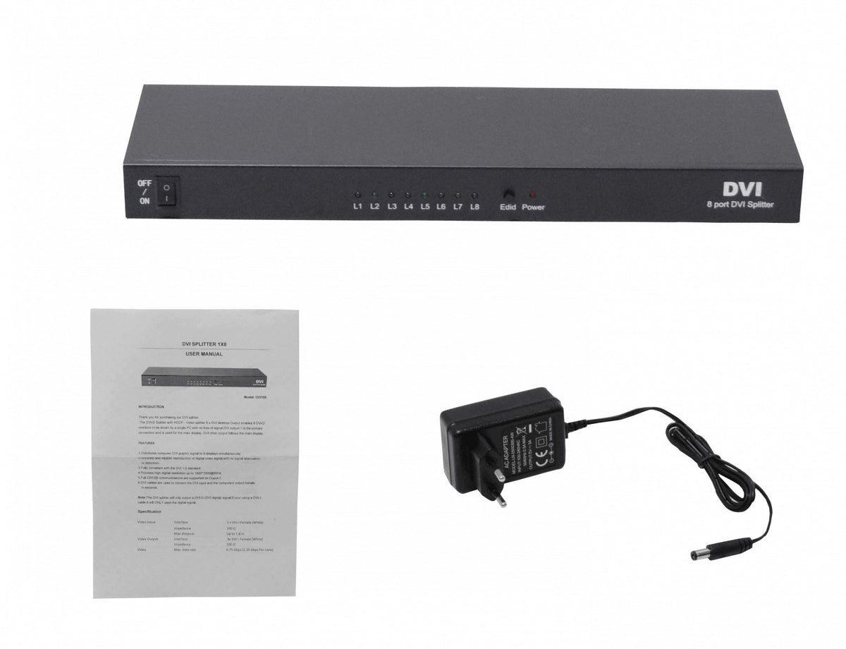 DVI-1X8 Distribuidor 1x8 DVI/D/Dual-M 1080p 1-entrada 8-salidas incl-5V-3A 165MHz 1920x1440