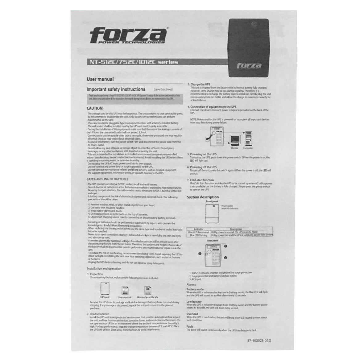 NT-752C FORZA 42WH 1x7AH 750VA 375W 4-Tomas-IEC-C AVR sin-USB 162-268VAC 2-RJ UPS