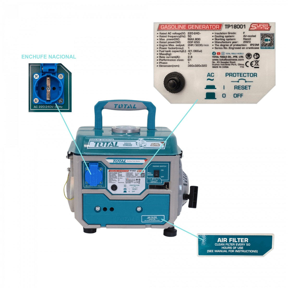 GENE-8 TOTAL 800W Generador a Gasolina de Arranque Manual, 3000rpm, Depósito de 4 Litros, Salida 220-240VAC