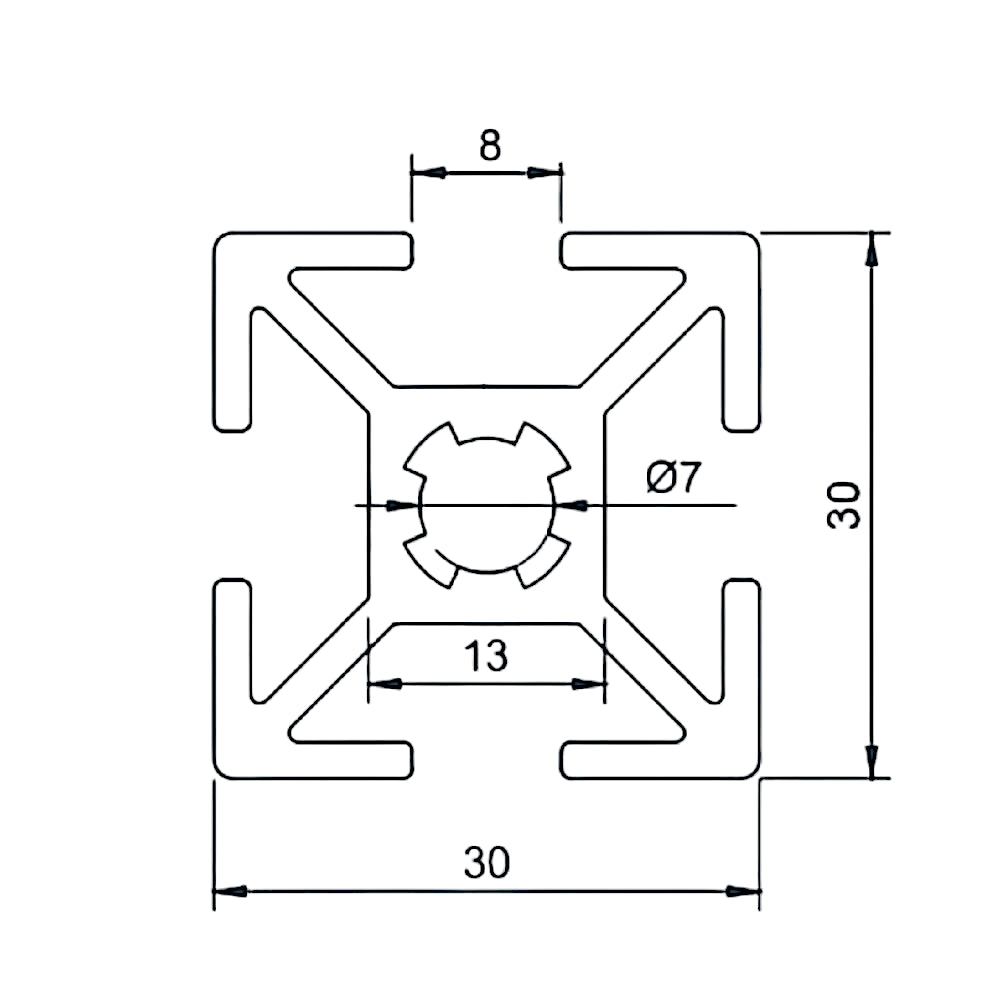 Perfil Estructural Aluminio Tslot 30x30x3000 mm Mate