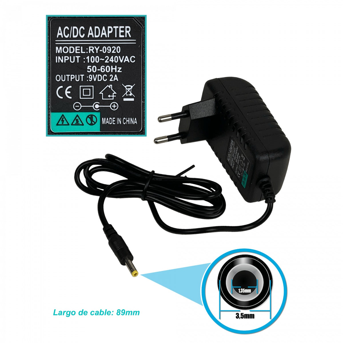 F9-W18 Adaptador de Corriente 9VDC 2A 18W 100-240VAC para Interior con Enchufe de Pared y Conector de 4mm