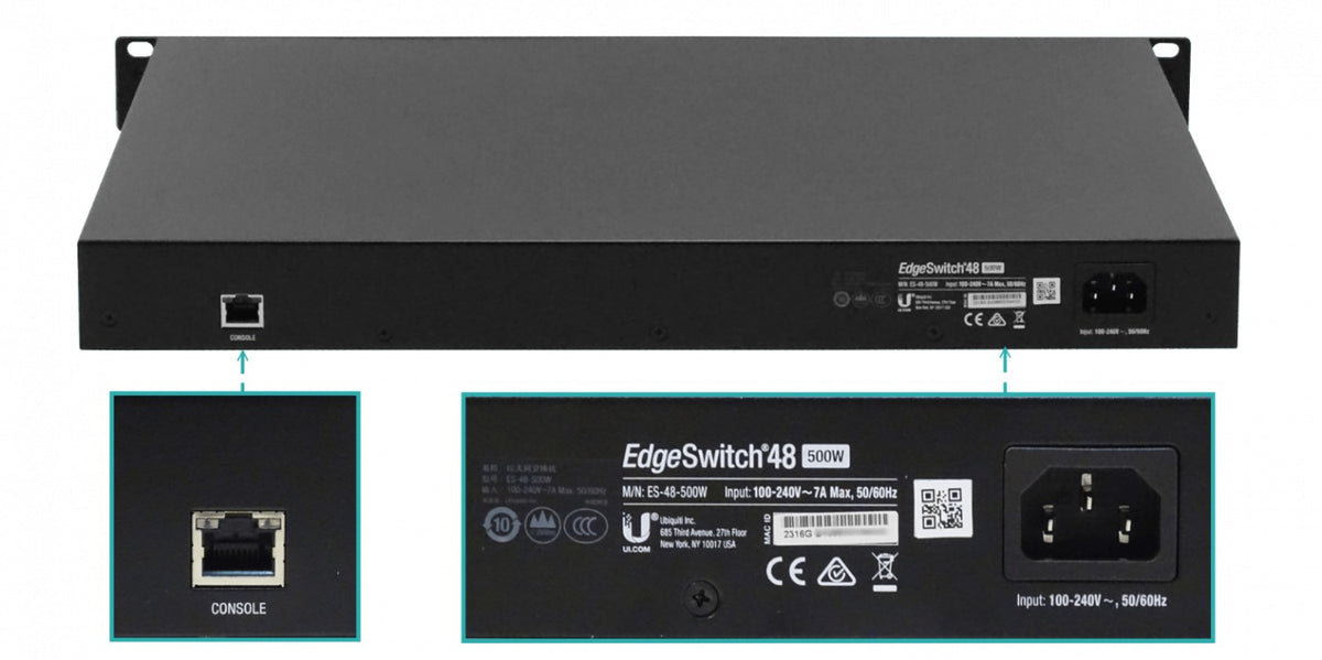 ES-48-500W. Switch UI de 400 W, 48 puertos 1000 PoE af/at, consola, 2 SFP, 2 SFP+ 10G, administración L3, DHCP, EDGESWITCH48-500W, UBIQUITI