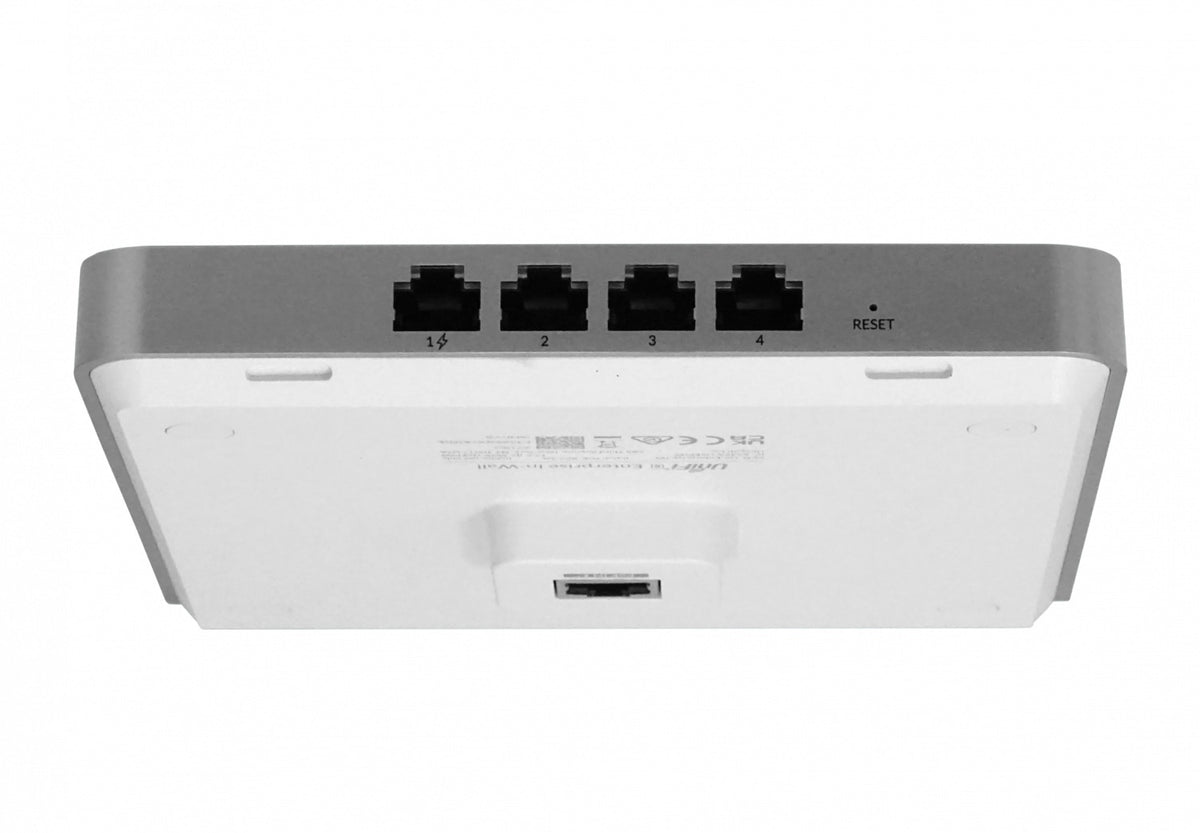 U6-ENTERPRISE-IW. Punto de acceso inalámbrico WiFi 6E de interior/pared con 1 puerto a 2500 Mbps y 4 puertos a 1000 Mbps, bandas 2,4/5/6 GHz, velocidad 4,8 Gbps, ganancia 4/6 dBi, requiere PoE-at, modelo U6-ENTERPRISE-IN-WALL UBIQUITI