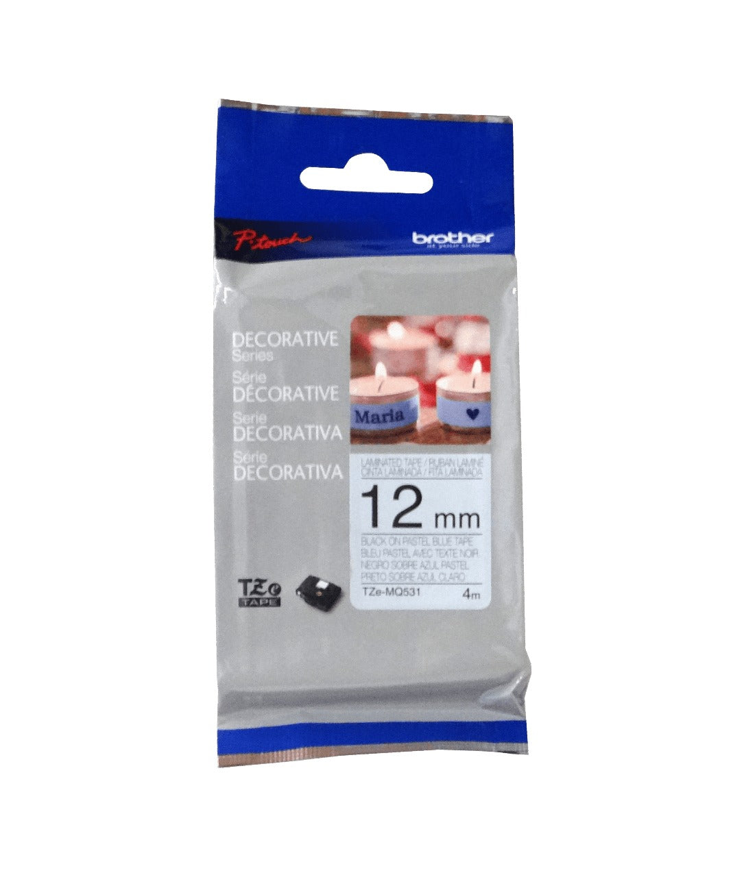 TZE-MQ531 BROTHER 12mm Negro sobre Fondo Azul Pastel Cinta 4m para PT-H110/E110/H200
