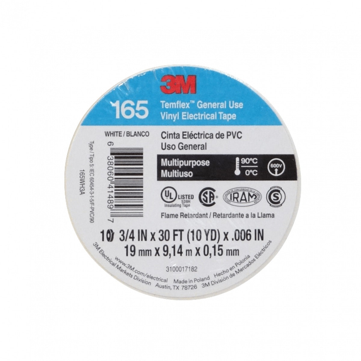 TEMFLEX-9W. 3M Cinta 9mt 165 Blanca Aislante PVC 19mm Espesor-0,15mm 600V Temperatura-90ºC