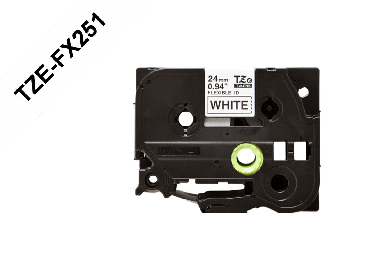 TZE-FX251 BROTHER Cinta flexible de 24mm de ancho, impresión negra sobre fondo blanco, rollo de 8m para equipos PT-E550WVP/D600VP