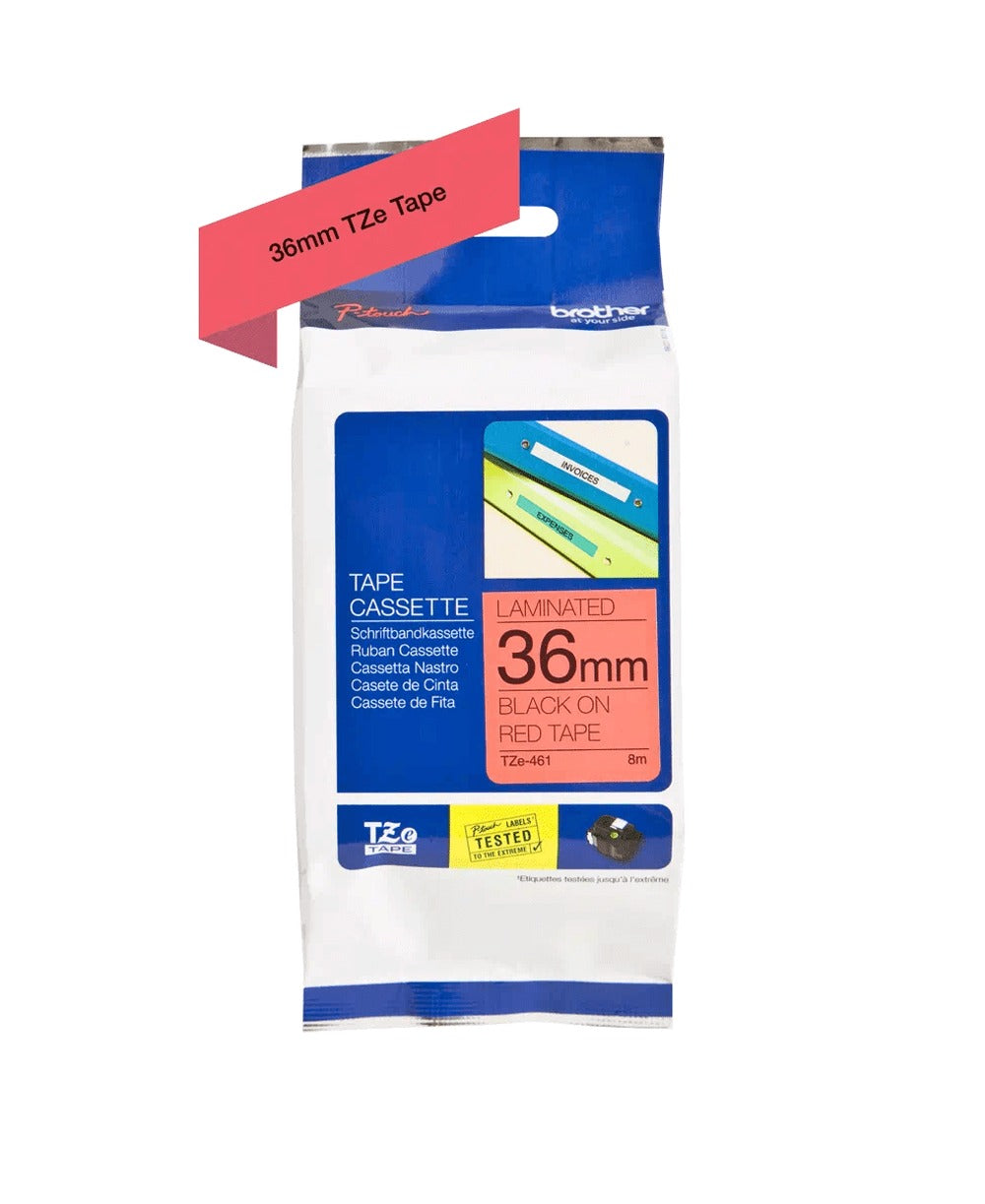 TZE-461 BROTHER Cinta de 36mm con texto negro sobre base roja, 8 metros de longitud, compatible con PT-P900W y PT-9700PC