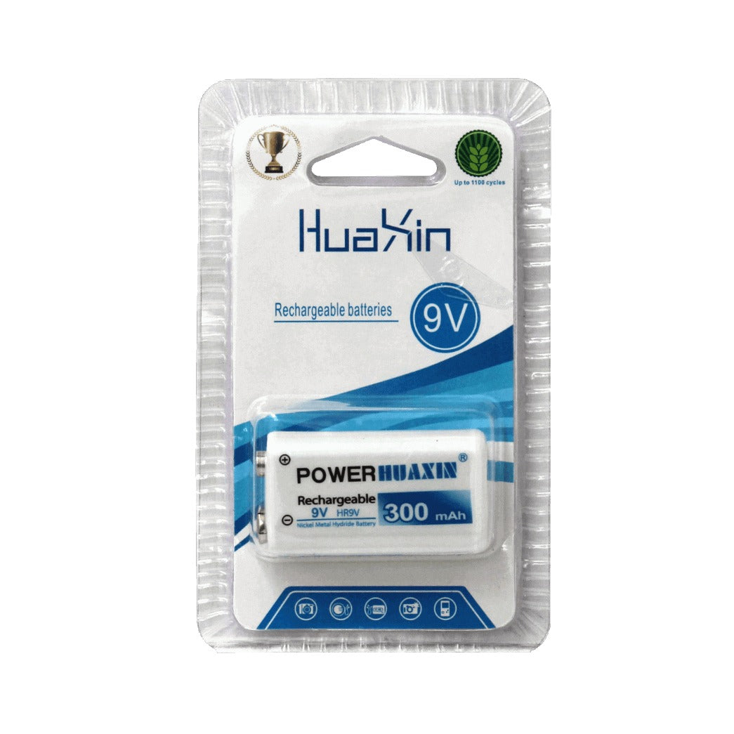 9V-300 HUAXIN Batería recargable de 9 voltios Capacidad 300 miliamperios-hora Tecnología Níquel-Metal Hidruro Modelo HR9V