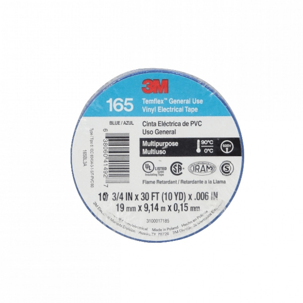TEMFLEX-9A. 3M 9mt 165 Azul Huincha Cinta Aisladora PVC 19mm 0,15mm 600V 90ºC