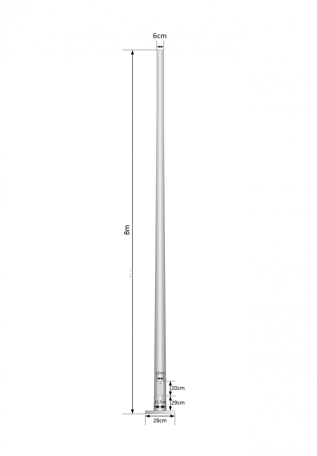 POSTEC-8M Poste troncocónico 8 metros espesor 3mm Placa base-280x280x12mm sin canastillo Diámetro cono-140/60mm