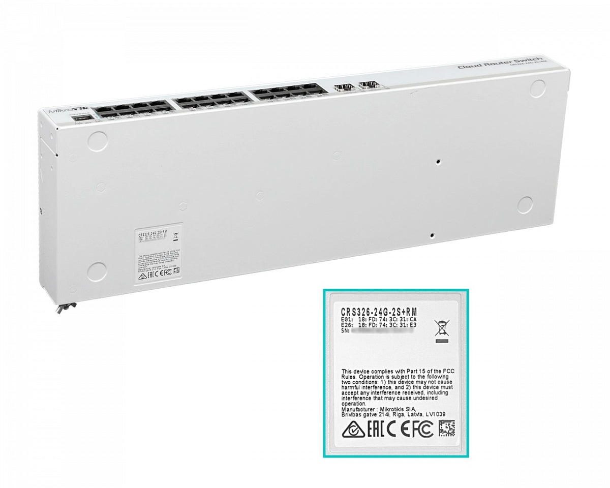 CRS326-24G-2S+RM MIKROTIK switch capa 3 enrutador 24 puertos Gigabit 2 ranuras SFP+ 10G consola RS232-RJ45 montaje rack licencia nivel 5