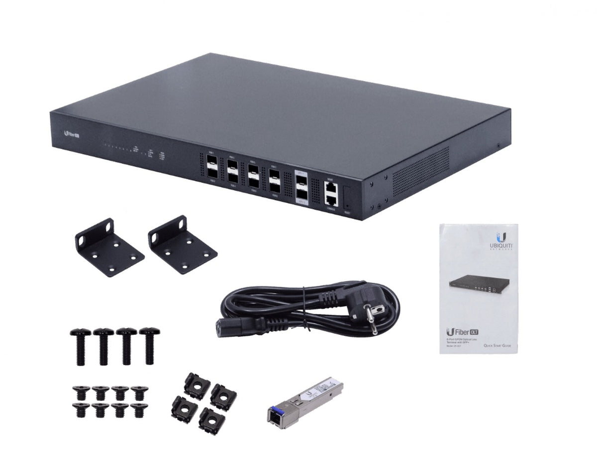 UF-OLT. Unidad OLT con 8 puertos GPON, 2 ranuras SFP+ de 10G, 1 consola RJ45 y 1 puerto de gestión IP para FTTH UFiber UF-OLT-EU de Ubiquiti