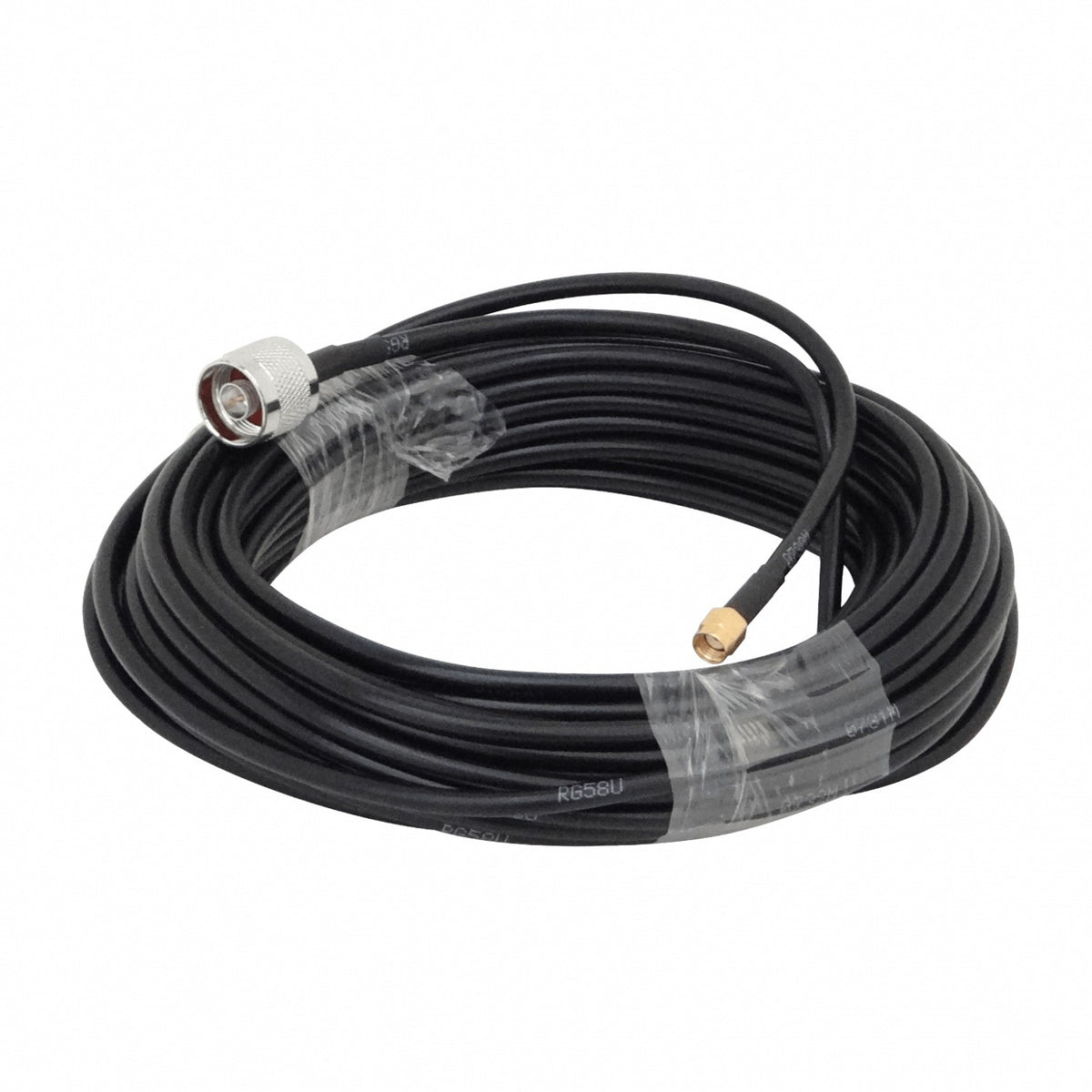 RM2NM-15M. Cable coaxial RG58 de 15 metros con conectores RP-SMA macho a N macho en color negro.