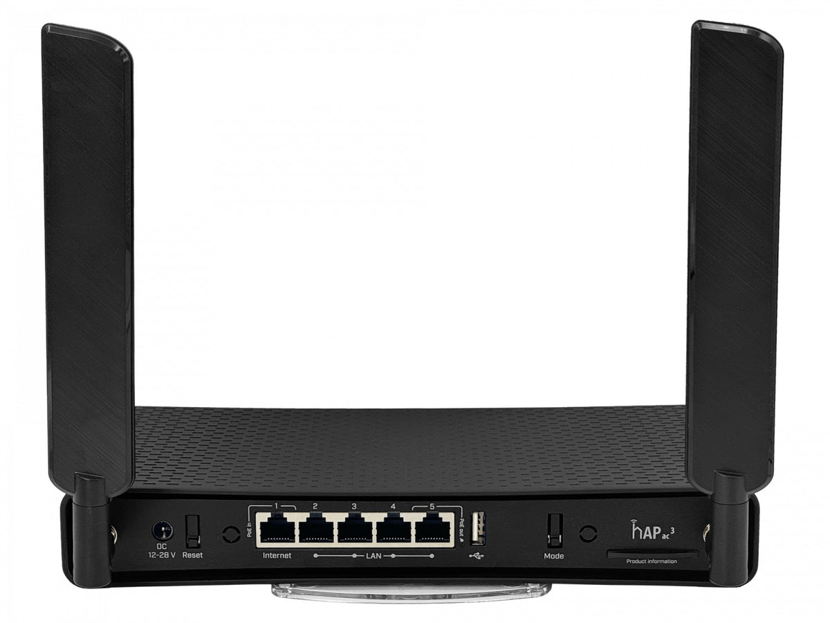 HAP-AC3 MIKROTIK Router inalámbrico de doble banda 2,4/5GHz con 2 antenas RP-SMA de 3/6dBi, puerto USB, AC1200, 5 puertos 10/100/1000 y PoE pasivo de entrada/salida en puerto 1, nivel de licencia 4