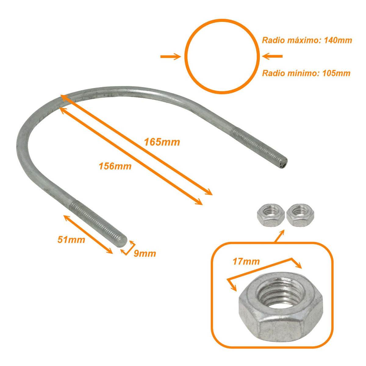 UDN-12 Abrazadera 105-140mm Diametro Poste Tubo c/2-tuercas-17mm req/pletina