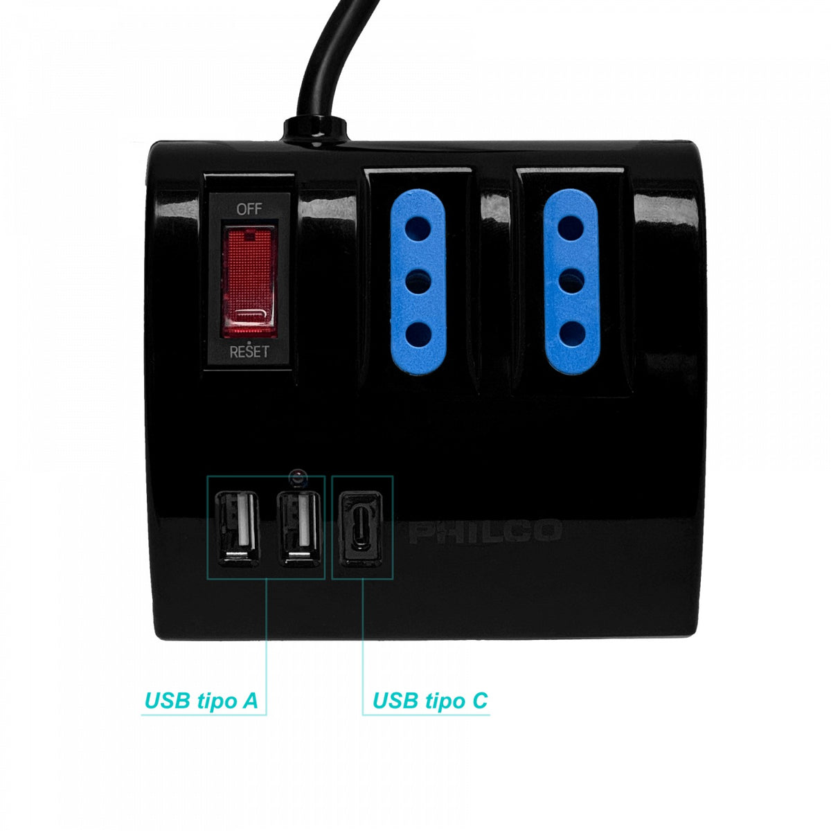 2044N PHILCO Negro Alargador 1,5mt 3-enchufes 2-USB5V 1-USB-C 15W 10A-250V