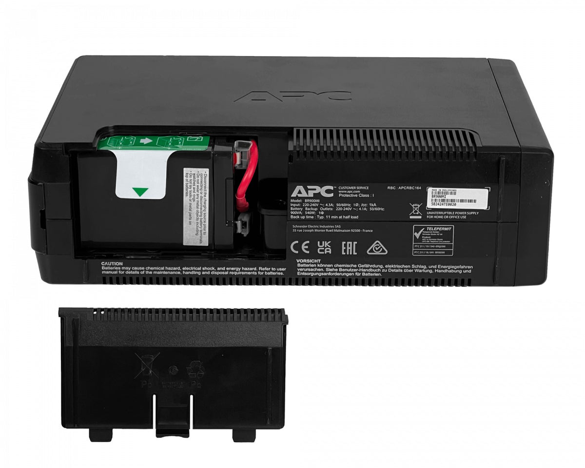 BR900MI APC Sistema de alimentación ininterrumpida de 900 VA / 540 W, batería de 68 Wh con 1 módulo de 9,4 Ah, tiempo de transferencia de 10 ms, 6 tomas C13, 1 entrada C14, puertos USB y serial, rango de entrada 176-294 VCA
