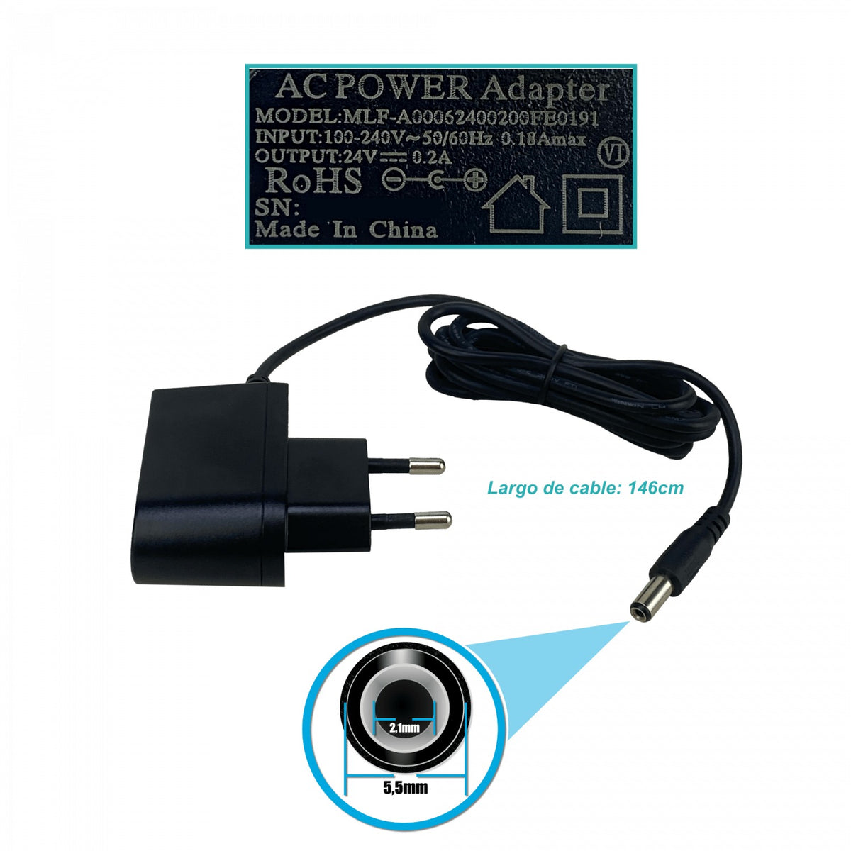 F24-W5 Alimentador 24VDC 0,2A 200mA 5W uso interior Conector-5,5x2,1mm para Mikrotik