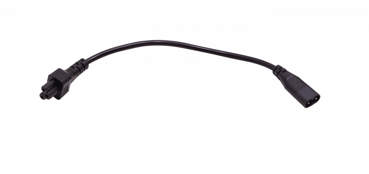 C8MT Cable de alimentación negro de 30cm con clavija en forma de ocho Macho (C8) a conector trébol Hembra (C5), calibre 3x0.75mm y capacidad de 10 amperios