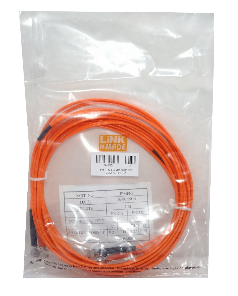 JFMFF5 Cable puente de fibra dúplex FC a FC 5 metros OM1 Multimodo MM 62.5/125 µm LSZH