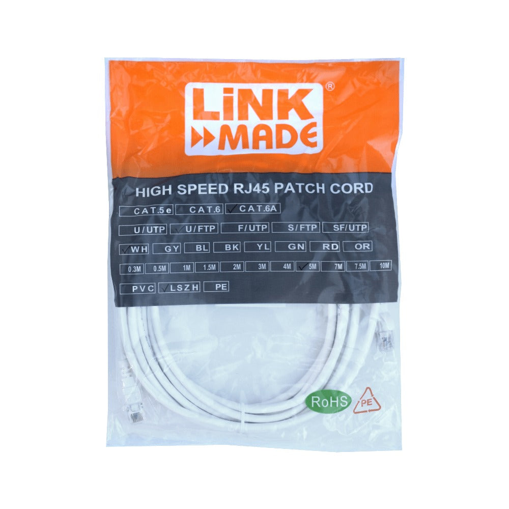 C6AW-50 LINKMADE Latiguillo de red Cat6a U/FTP blanco de 5 metros con cable multifilar y cubierta LSZH moldeado