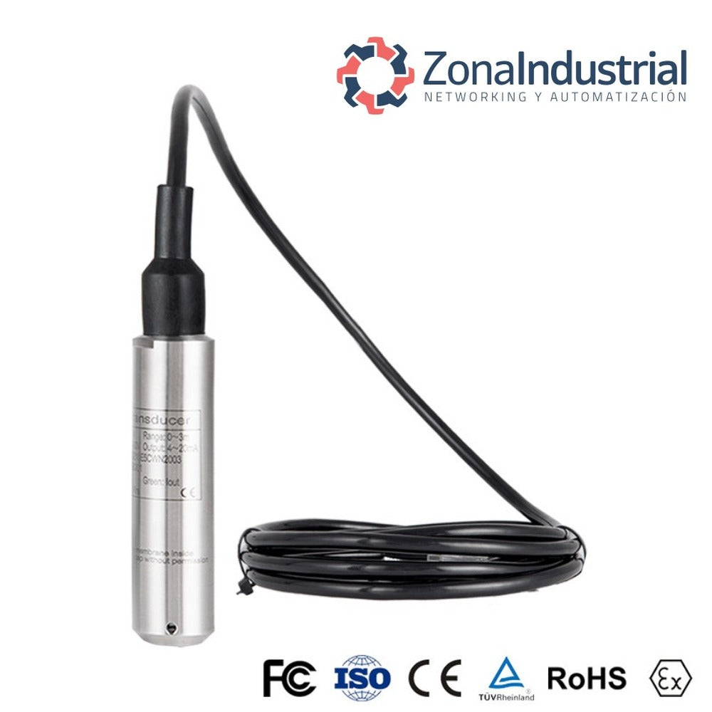 Sensor de Nivel Hidrostático para Pozo Agua 4 a 20mA 50m de Cable 0.5%FS